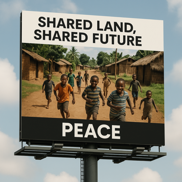 Billboard promoting peace, image of children playing in a village street.