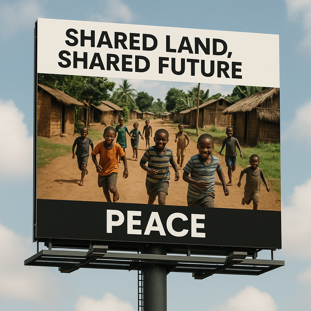 Billboard promoting peace, image of children playing in a village street.